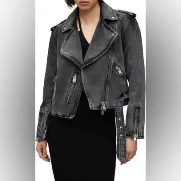 NEW NWT All Saints Balfern Denim Biker Jacket in Washed grey size 2 women’s - Picture 1 of 14